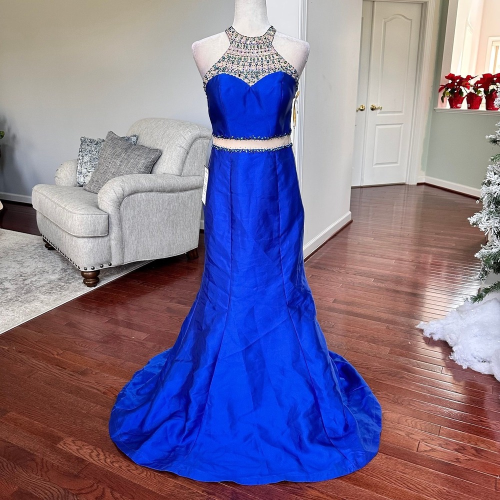 Say Yes To The Dress Prom Blue Cutout Beaded Embellished Embellished Gown Dress